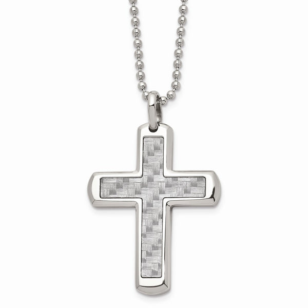 Stainless Steel Polished with Grey Carbon Fiber Inlay 22in Cross Necklace