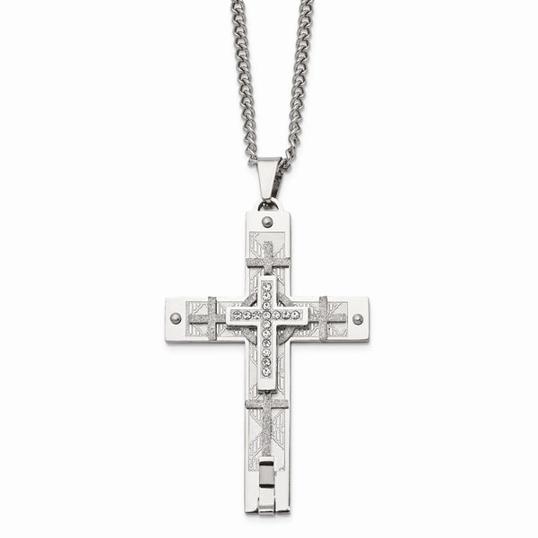 Stainless Steel Polished Laser cut with Crystal 24 inch Cross Necklace