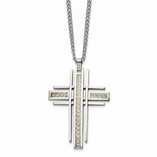 Stainless Steel Polished with Grey Carbon Fiber Inlay 24in Cross Necklace