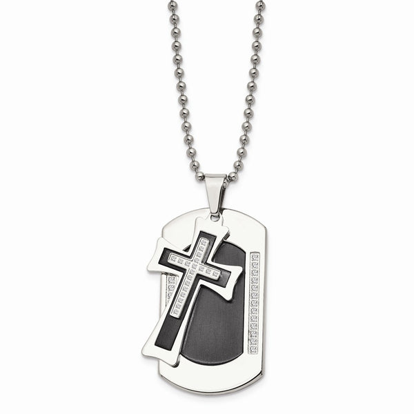 Stainless Steel Brushed & Polished Black IP w/CZ Cross Dog Tag Necklace