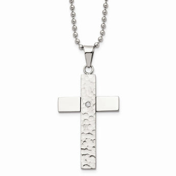 Stainless Steel Brushed and Polished Hammered w/CZ Cross Necklace