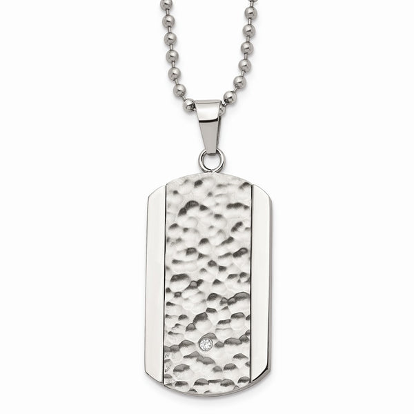Stainless Steel Polished Hammered w/ CZ Dog Tag Necklace