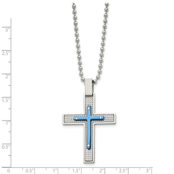 Stainless Steel Polished & Textured Blue IP-plated Cross Necklace