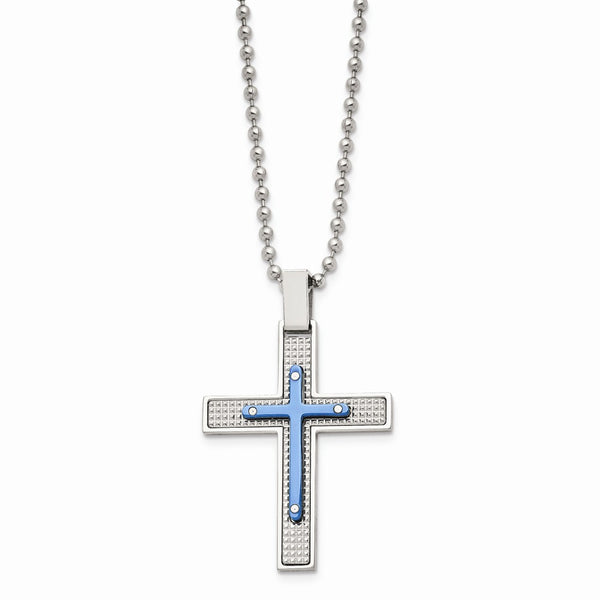 Stainless Steel Polished & Textured Blue IP-plated Cross Necklace