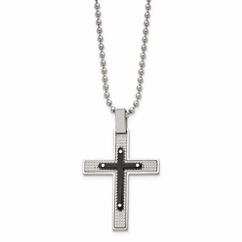 Stainless Steel Polished Textured Black IP-plated Cross Necklace