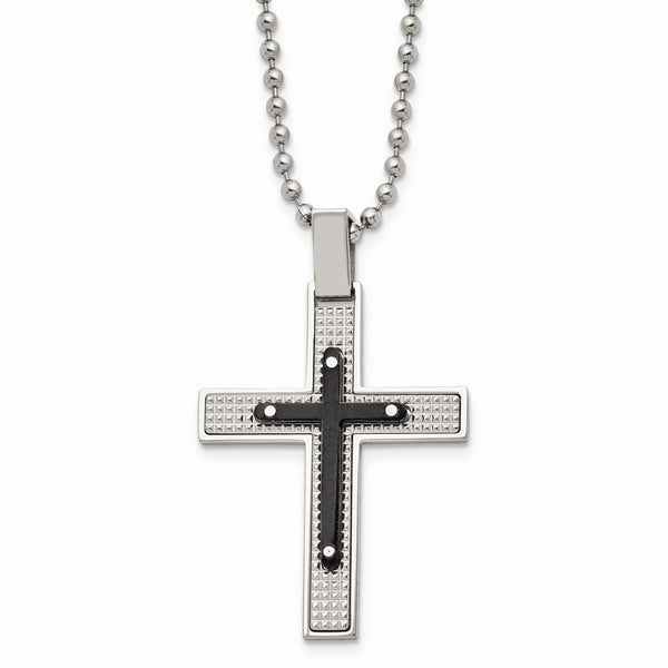 Stainless Steel Polished Textured Black IP-plated Cross Necklace