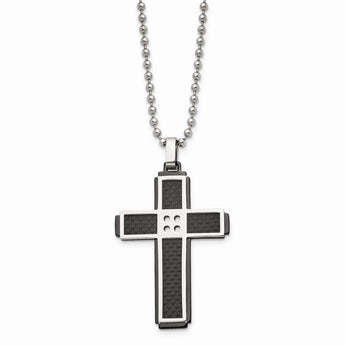 Stainless Steel Polished Black IP-plated Solid Carbon Fiber Cross Necklace