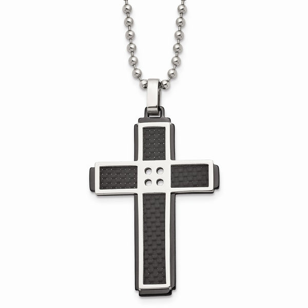 Stainless Steel Polished Black IP-plated Solid Carbon Fiber Cross Necklace