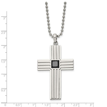 Stainless Steel Brushed and Polished w/ Black CZ Cross Necklace