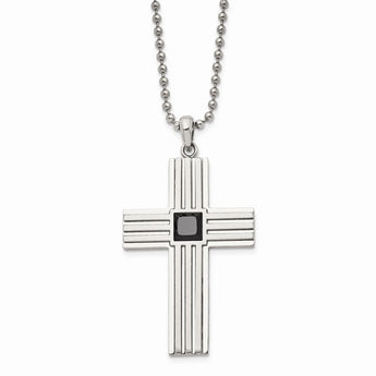 Stainless Steel Brushed and Polished w/ Black CZ Cross Necklace