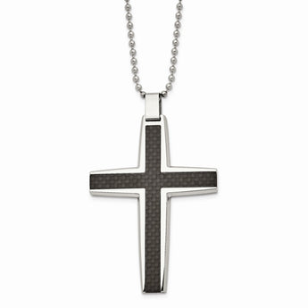 Stainless Steel Polished Black Carbon Fiber Cross Inlay Necklace