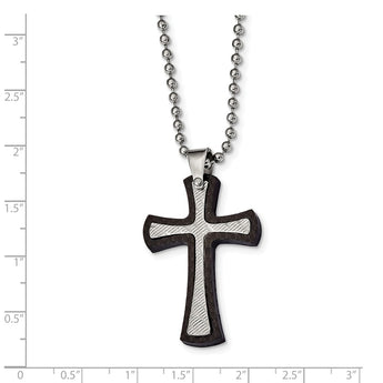 Stainless Steel Polished Textured Black Solid Carbon Fiber Cross 22in Neckl