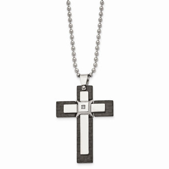 Stainless Steel Polished Solid Black Carbon Fiber with CZ Cross Necklace