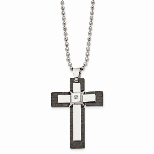 Stainless Steel Polished Solid Black Carbon Fiber with CZ Cross Necklace