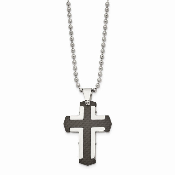 Stainless Steel Polished Solid Black Carbon Fiber Cross Necklace