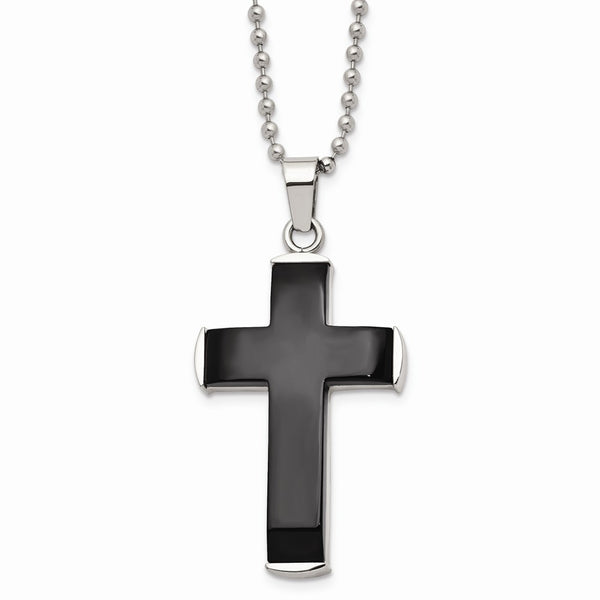 Stainless Steel Polished Black IP plated Cross Necklace