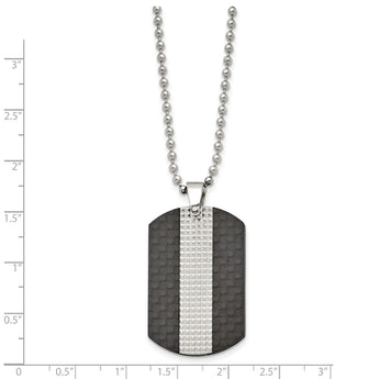 Stainless Steel Polished Studded Black Solid Carbon Fiber Dog Tag Necklace