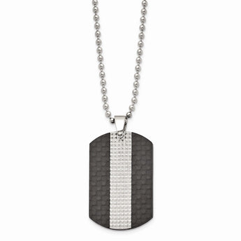 Stainless Steel Polished Studded Black Solid Carbon Fiber Dog Tag Necklace