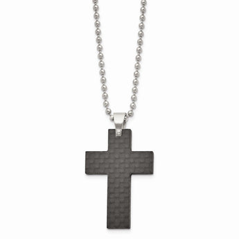 Stainless Steel Brushed Black Solid Carbon Fiber Cross Necklace