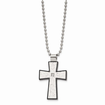 Stainless Steel Polished and Textured Black IP-plated w/CZ Cross Necklace