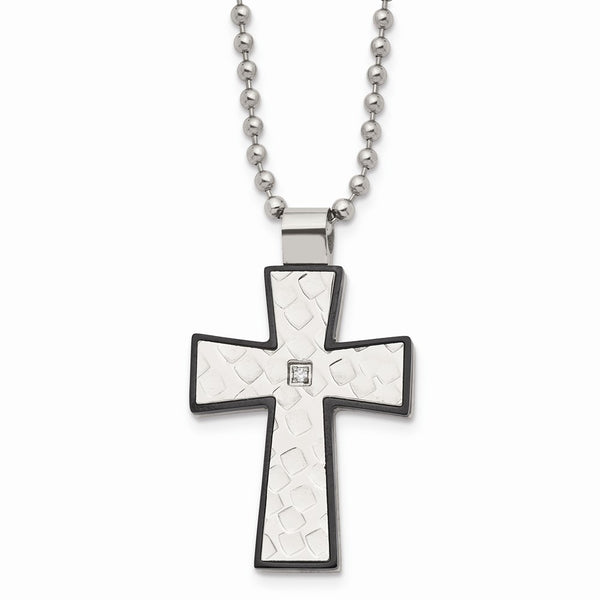 Stainless Steel Polished and Textured Black IP-plated w/CZ Cross Necklace