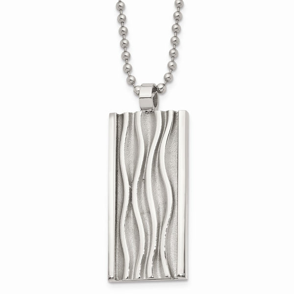 Stainless Steel Polished Wave Design Dog Tag Necklace