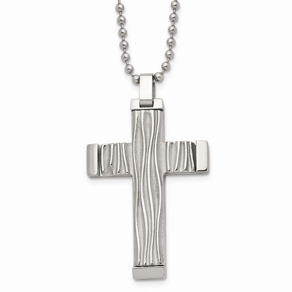 Stainless Steel Polished Wave Design Cross Necklace