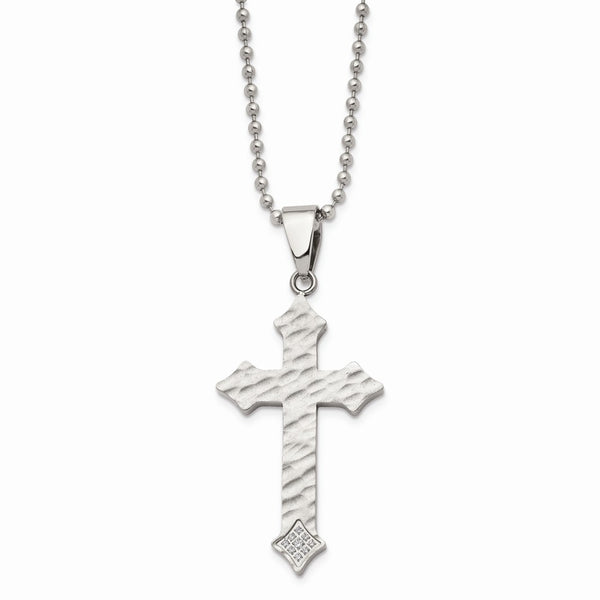 Stainless Steel Polished/Satin Hammered CZ Cross Necklace