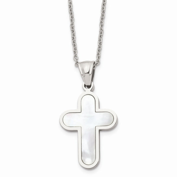 Stainless Steel Polished Mother Of Pearl Cross 22 inch Necklace