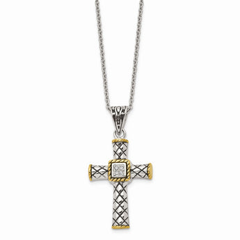 Stainless Steel Antiqued & Polished Yellow IP-plated w/CZ Cross Necklace