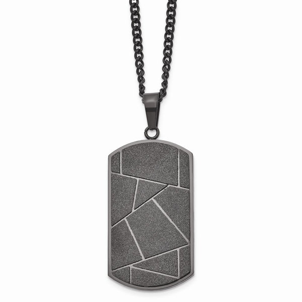 Stainless Steel Polished Black IP-plated Diamond-cut Dog Tag Necklace