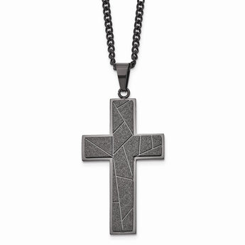 Stainless Steel Polished Black IP-plated Laser cut 24in Cross Necklace