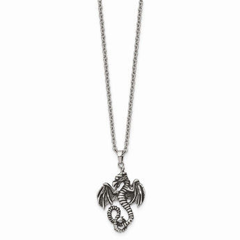 Stainless Steel Antiqued and Polished 22 inch Dragon Necklace