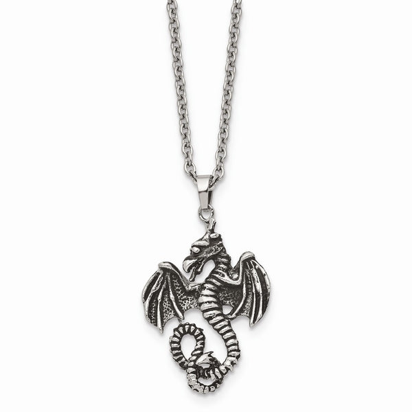 Stainless Steel Antiqued and Polished 22 inch Dragon Necklace