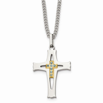 Stainless Steel Polished Gold-plated w/ Blue Diamond 22 in Cross Necklace