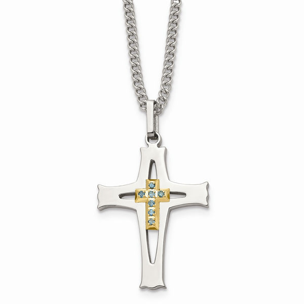 Stainless Steel Polished Gold-plated w/ Blue Diamond 22 in Cross Necklace