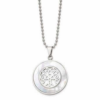Stainless Steel Polished with Mother of Pearl Tree of Life 22in Necklace
