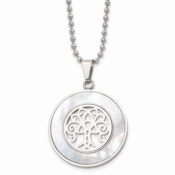 Stainless Steel Polished with Mother of Pearl Tree of Life 22in Necklace