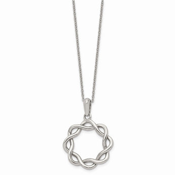 Stainless Steel Polished Criss Cross Circle 16 inch w/2in ext. Necklace