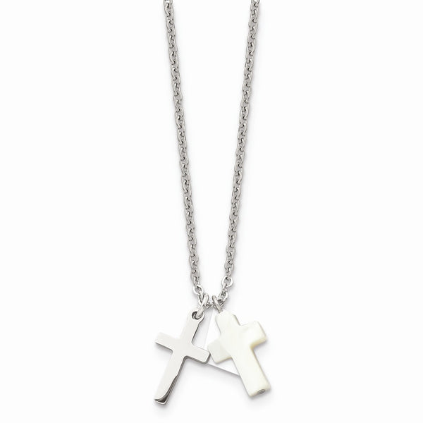 Stainless Steel Polished w/ Shell Cross 16in Necklace