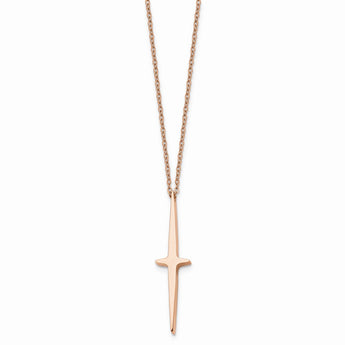 Stainless Steel Polished Rose IP-plated Cross 16in w/2in ext. Necklace