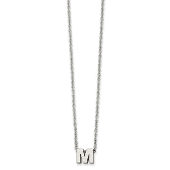 Stainless Steel Polished letter M w/ 2in ext. 18in Necklace