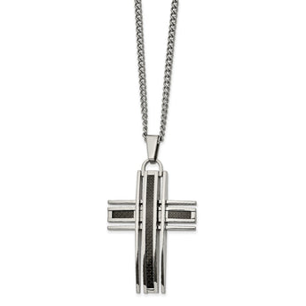 Stainless Steel Polished with Black Carbon Fiber 24 inch Cross Necklace