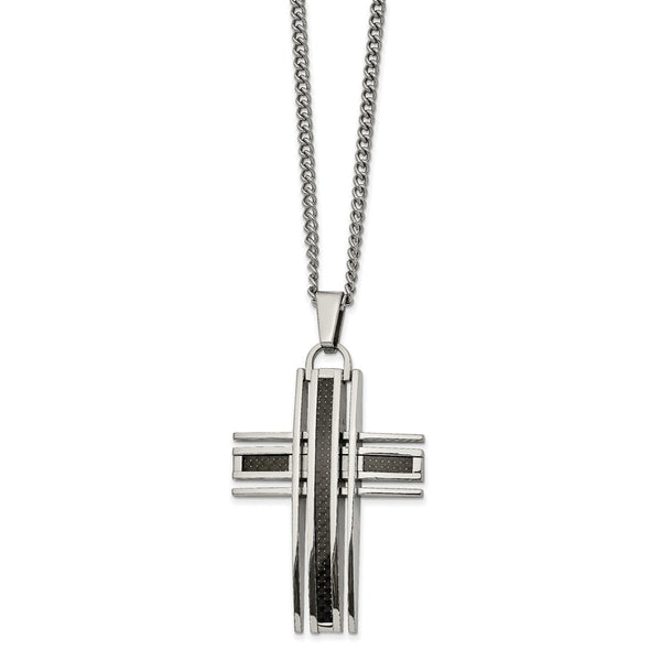 Stainless Steel Polished with Black Carbon Fiber 24 inch Cross Necklace