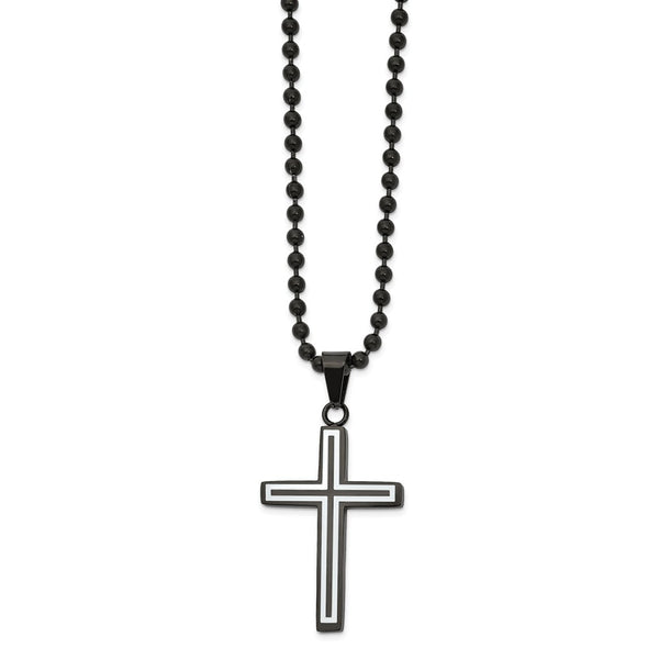 Stainless Steel Polished Black IP-plated w/White Enamel Cross 22in Necklace