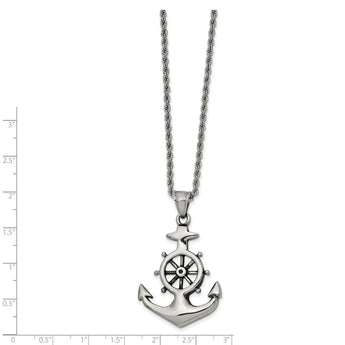 Stainless Steel Antiqued and Polished Anchor 24in Necklace