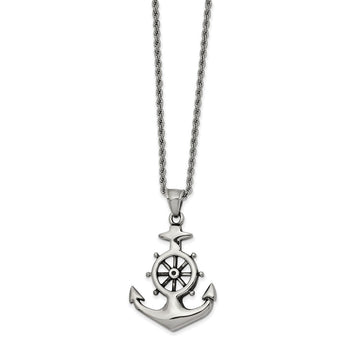 Stainless Steel Antiqued and Polished Anchor 24in Necklace