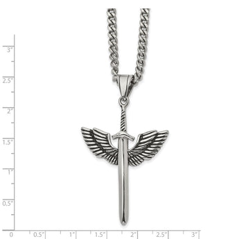 Stainless Steel Antiqued and Polished Sword with Wings 24in Necklace