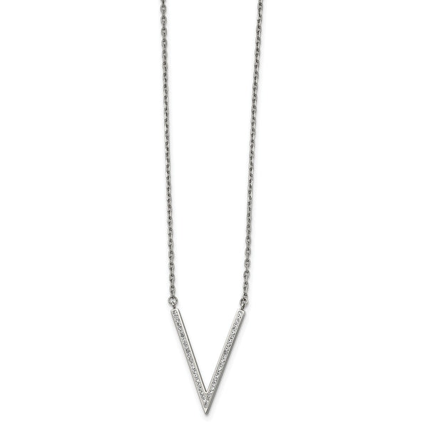 Stainless Steel Polished w/Preciosa Crystal w/1.25in. Ext. V-shape Necklace