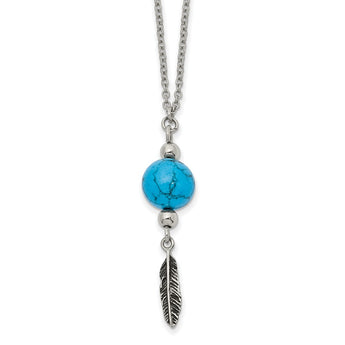 Stainless Steel Antiqued/Polished Imit.Turquoise Feather w/2in ext Necklace